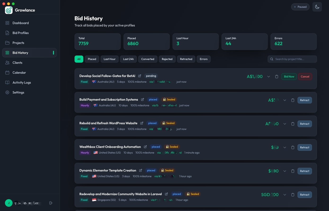 Growlance — Bid History